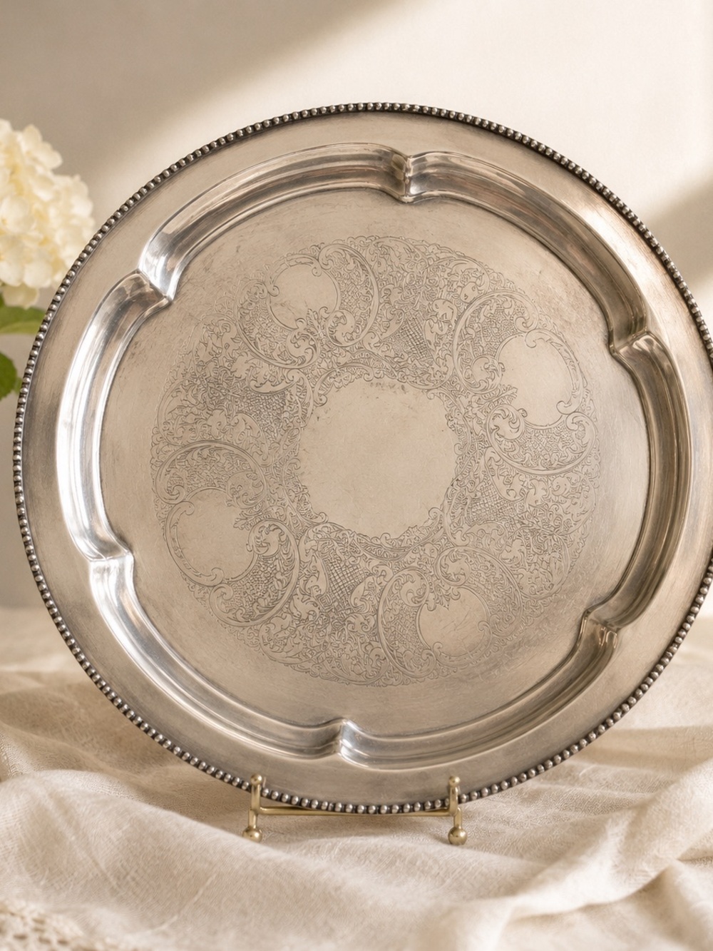 Silver Decorative Serving Tray - Elegant Beaded Rim